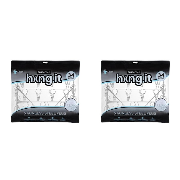 2x Boxsweden Hangit Stainless Steel 49cm Hanger Clothes Clip w/ 34 Pegs Silver