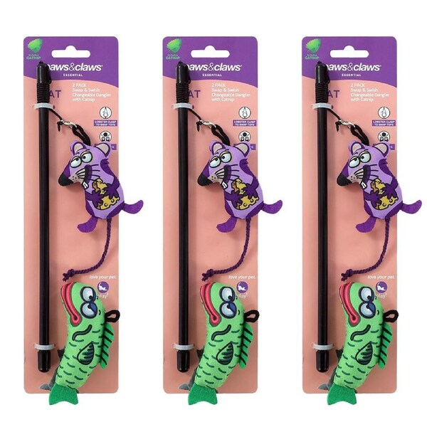 3x Paws & Claws Swap/Swish Changeable Dangler Cat Play Toy w/ 25.5cm Mouse/Fish