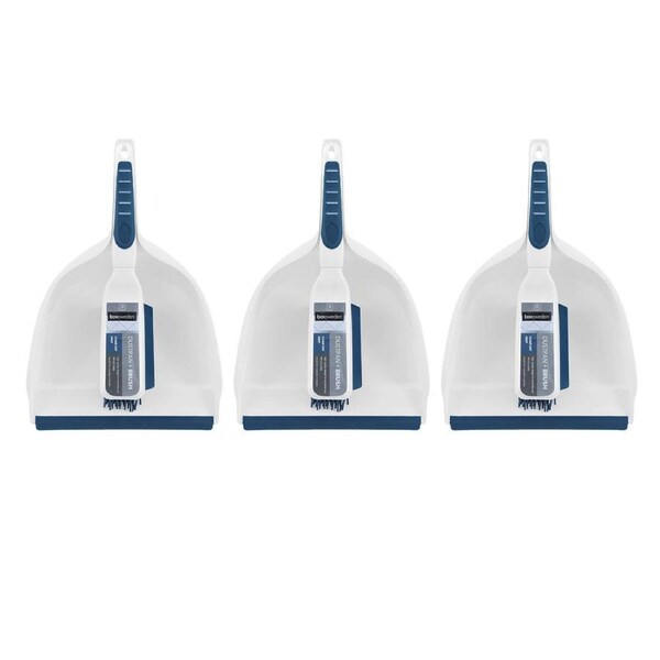 3x Boxsweden Clean 33x22.5cm Dustpan & Brush TPR Bristle Home Cleaner Set White