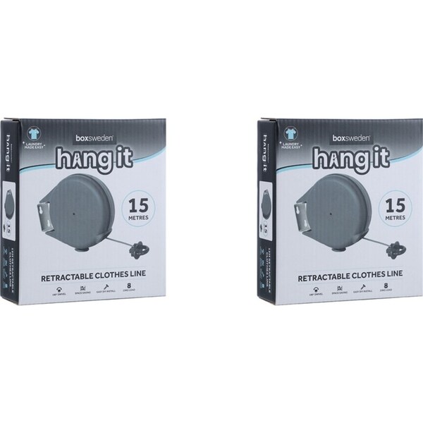2x Boxsweden Hangit 15m Retractable Hanging Clothe Line Laundry Drying Airer GRY