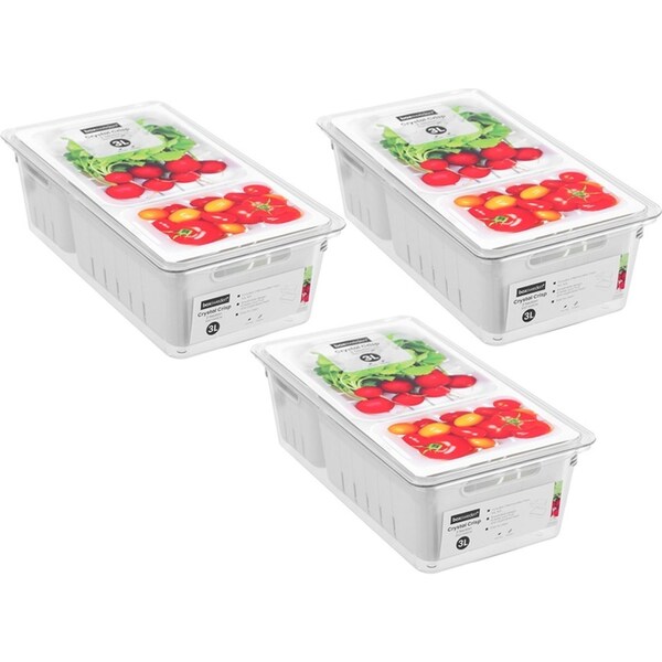 3x Boxsweden Crystal 32cm Crisp Bin 2-Section Food Storage Fridge Organiser WHT