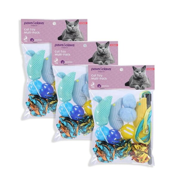 3x 13pc Paws& Claws Essential 12.5cm Multi-Pack Cat Interactive Play Animal Toy