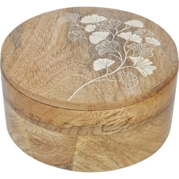 J.Elliot Home Ginkgo 15cm Round Mango Wood Trinket Box Storage Decor Natural