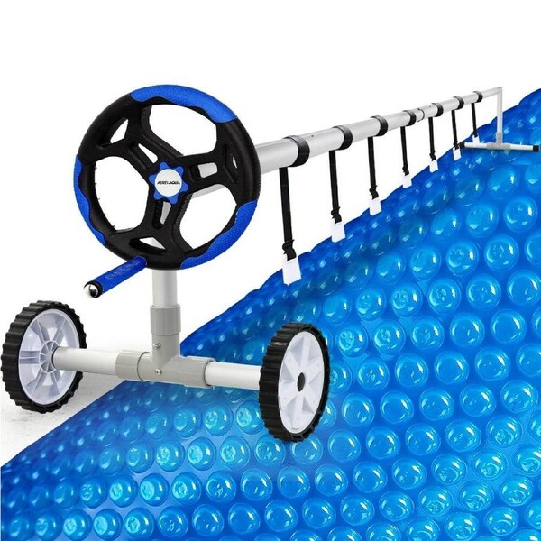 Aurelaqua Pool Cover Roller and 7.5x3.2m Solar Blanket 400 Micron, Blue