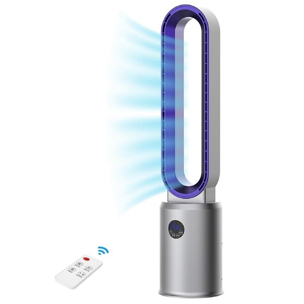 Advwin Bladeless Tower Fan Portable Electric Standing Floor Fan Air Circulator with Remote Control Speeds Adjustable Gray+Purple