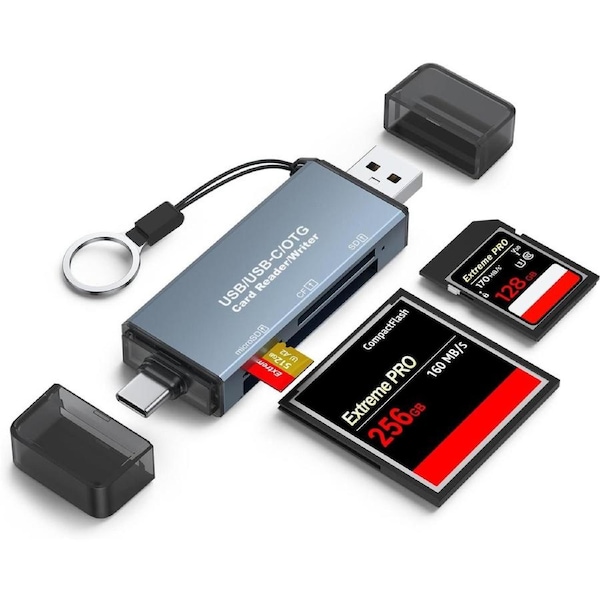 CF/SD/TF Card Reader, Aluminum USB-A and USB C Multi Memory Card Adapter Compact Flash Reader Supports CF/SD/MicroSD Compatible MacBook Pro Laptop PC