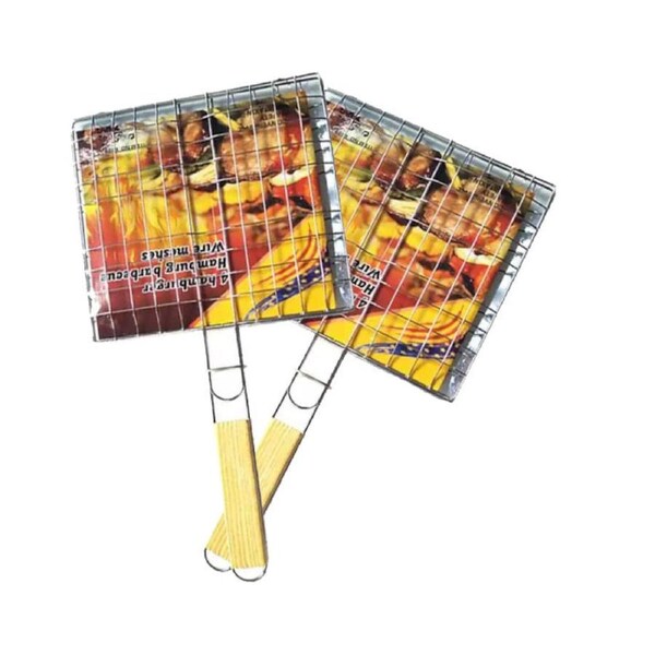 2 x Wood Handle BBQ Grill Grate Grid Wire Mesh Rack Barbecue Net Stainless Steel