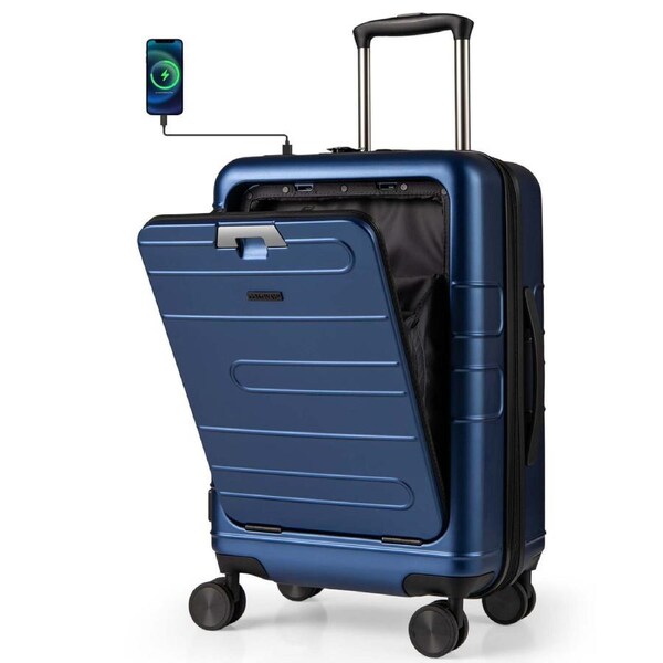 Costway 40L Lightweight Luggage Trolley Travel Suitcase Height Adjustable w/TSA Locker&USB Port Dark Blue