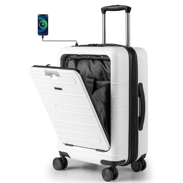 Costway 40L Lightweight Luggage Trolley Travel Suitcase Height Adjustable w/TSA Locker&USB Port White
