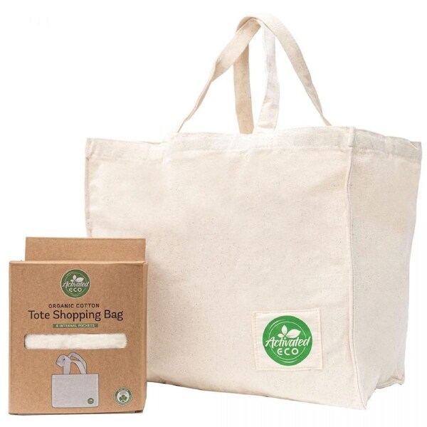 Activated Eco Organic Cotton Tote Shopping Bag with Pockets