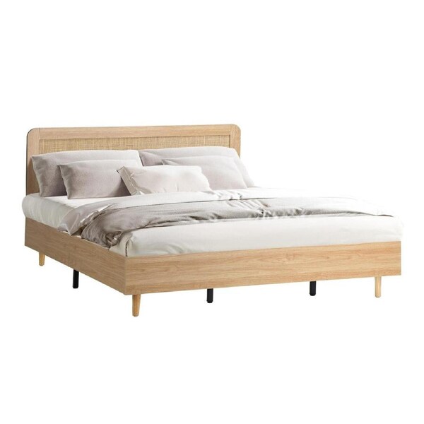 Oikiture Bed Frame King Size Wooden Bed Frame Rattan Headboard