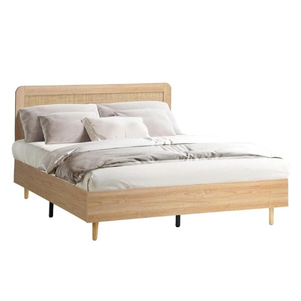 Oikiture Bed Frame Queen Size Wooden Bed Frame Rattan Headboard