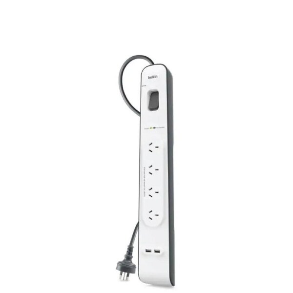 Belkin 4-Outlet Surge Protector Powerboard with 2Meter Lead 2 x USB Charging Ports - White/Grey