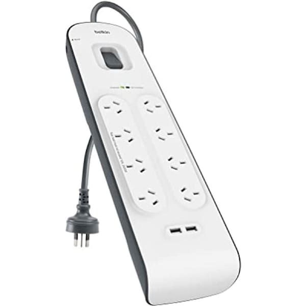 Belkin 8-Outlet Surge Protection Powerbaord 2 x USB Charging Ports - White/Grey