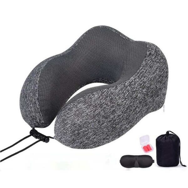 Travel Pillow 100% Pure Memory Foam Neck Pillow, Comfortable & Breathable Cover - Machine Washable, Airplane Travel Kit with 3D Sleep Mask, Earplugs, and Luxury Bag,Dark Grey