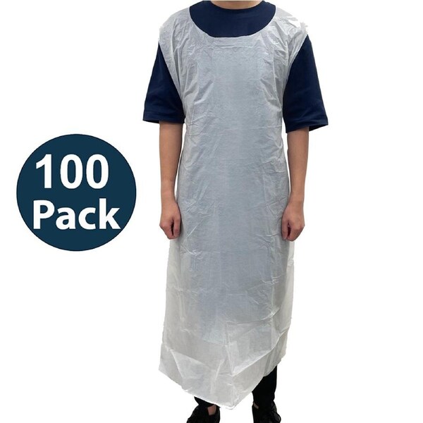 100x Safetyware HDPE Durable Plastic Cover Waterproof Disposable Aprons Gown White Bulk Pack