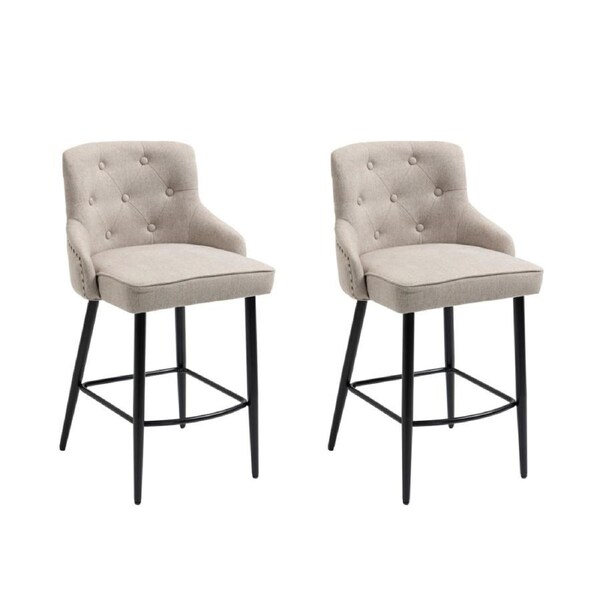 HomeStar Set Of 2 Will Fabric Kitchen Counter Bar Stool W/ Brass Gold Studs & Handles - Beige