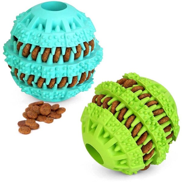 Nevenka 2 Packs Teething Toys for Small Medium Dog 360 Cleaning Durable Chew Toys Rubber Ball-GreenSkyBlue