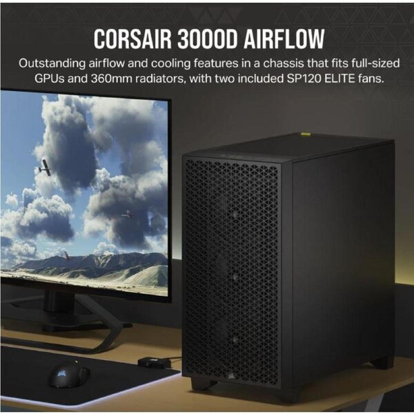 CORSAIR Carbide Series 3000D Solid Steel Front ATX Tempered Glass Black, 2x 120mm Fans pre-installed. USB 3.0 x 2, Audio I/O. Case