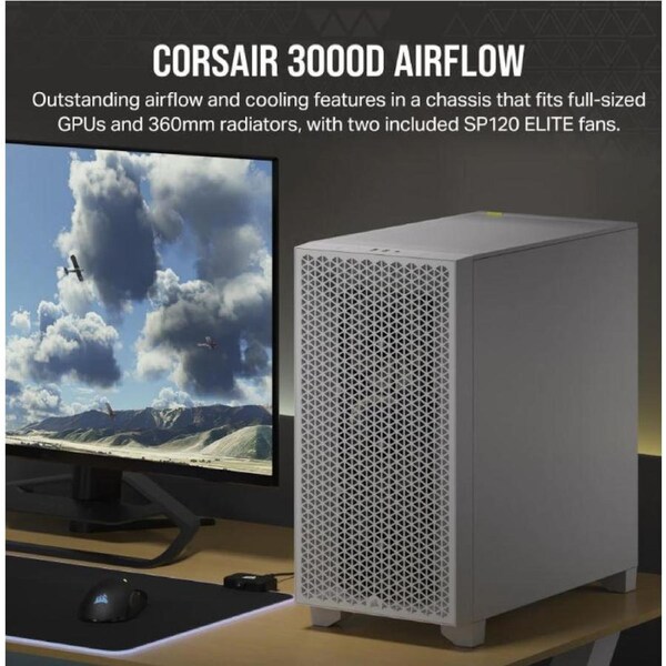 CORSAIR Carbide Series 3000D Solid Steel Front ATX Tempered Glass White, 2x 120mm Fans pre-installed. USB 3.0 x 2, Audio I/O. Case