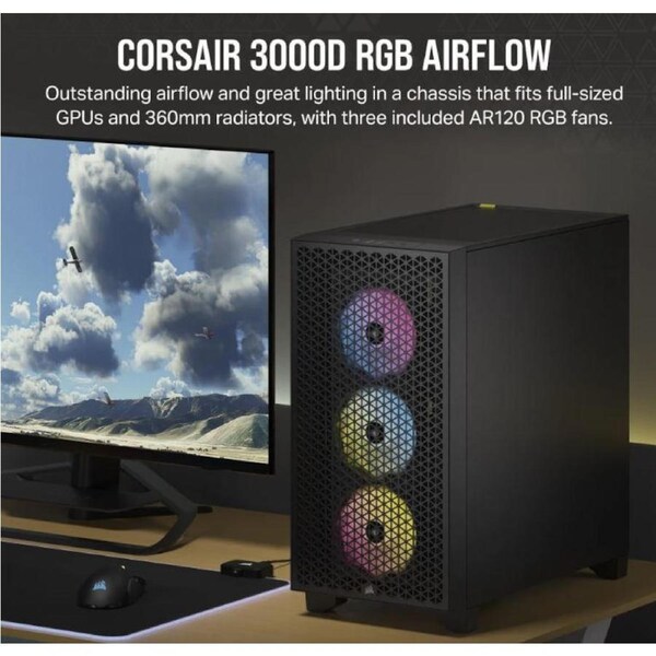 CORSAIR Carbide Series 3000D RGB Solid Steel Front ATX Tempered Glass Black, 3x AR120 RGB Fans & Adapter pre-installed. USB 3.0 x 2, Audio I/O. Case