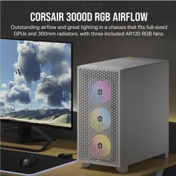 CORSAIR Carbide Series 3000D RGB Solid Steel Front ATX Tempered Glass White, 3x AR120 RGB Fans & Adapter pre-installed. USB 3.0 x 2, Audio I/O. Case