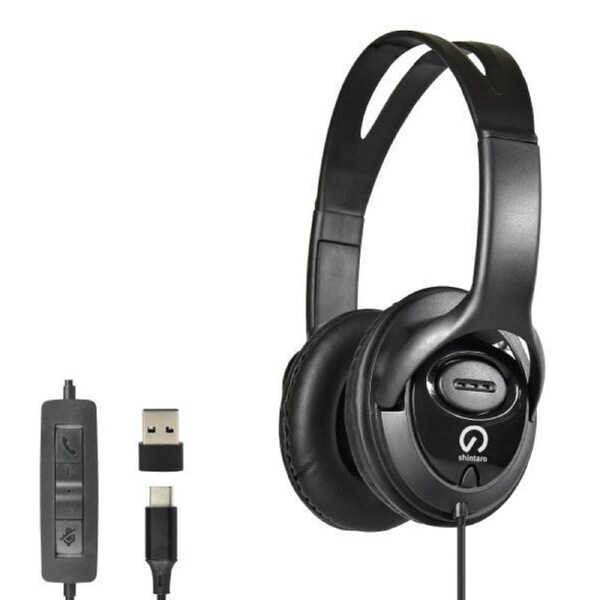 Shintaro Over-The-Ears USB-C Headset with In-Line microphone - Includes USB-C to USB-A adaptor for use with Laptops