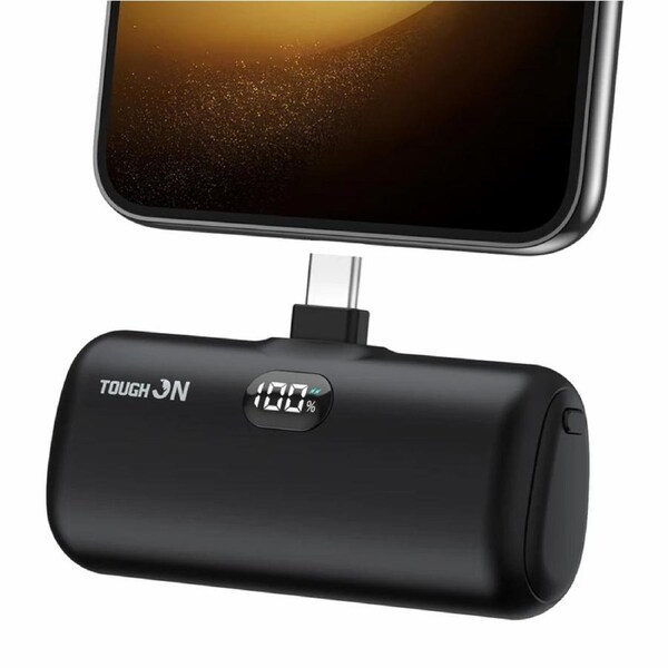 Tough On Mini Portable Charger 5000mAh Power Bank USB C Charging for Samsung Android iPhone 15 & 16 Series Black
