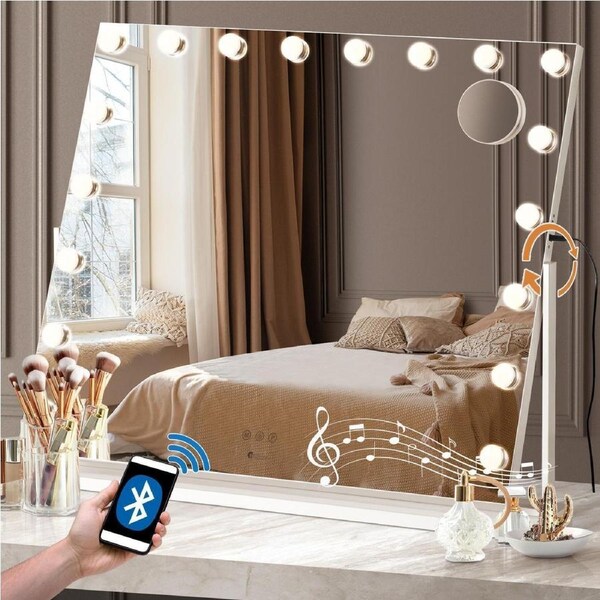 Oikiture 83x69cm LED Hollywood Mirrors Makeup Rotatable Mirror Magnifying Bluetooth