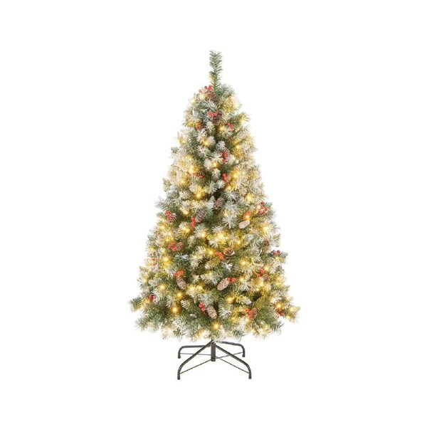 Costway 1.5M Pre-lit Christmas Tree 8 Light Modes Xmas Tree Mixed Pine Needles w/Red Berries