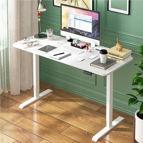 Advwin Electric Standing Desk Adjustable Height Ergonomic Sit Stand up Desk 120cm White Splice Board Table Top+White Frame