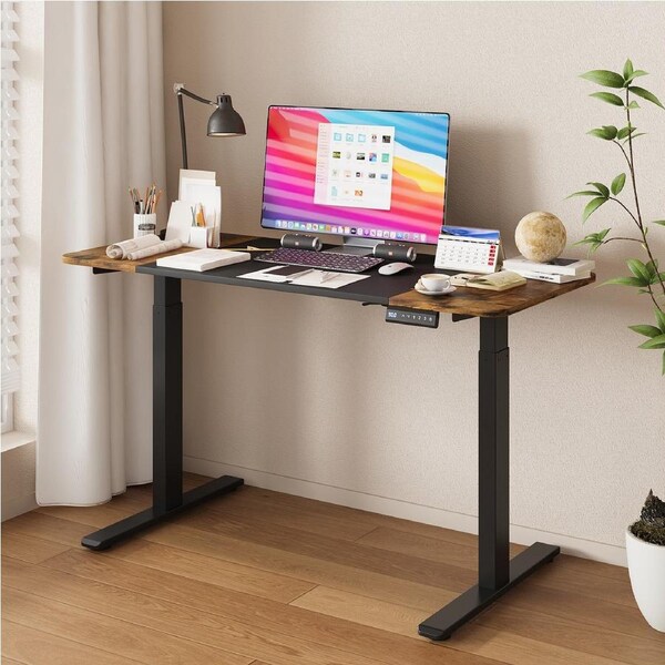 Advwin Electric Standing Desk Dual Motor Height Adjustable Motorised Sit Stand up Desk 140*60cm Splice Black+Walnut Desktop/Black Frame