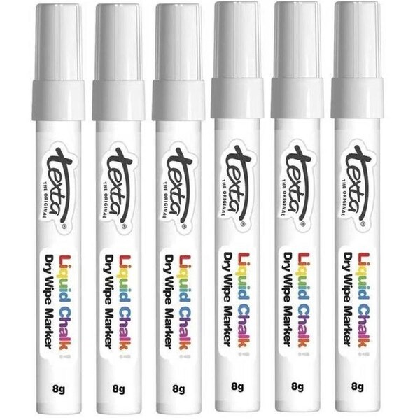 Texta Liquid Chalk Marker Dry Wipe Bullet Tip White Pack of 6
