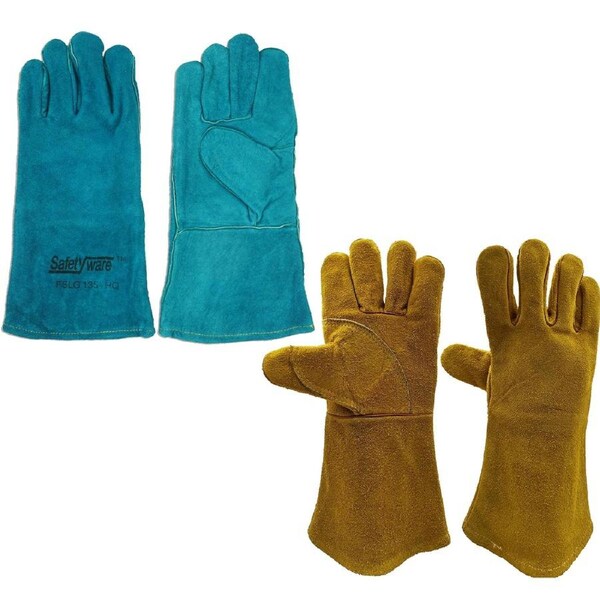 2 Pairs Safetyware Heavy Duty Leather Safety Work Welder Welding Rigger Gloves Heat Proof Resistant Green Brown