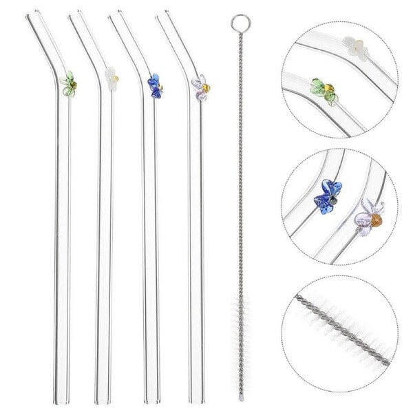 5PCS Flower Glass Pyrex Drinking Straws Pack Bent Straight Reusable - Glass Straws - Reusable Glass Straws - Flower Glass