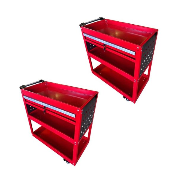 SOGA 2-Pack 3-Tier Red Tool Storage Carts with Drawer & Hooks