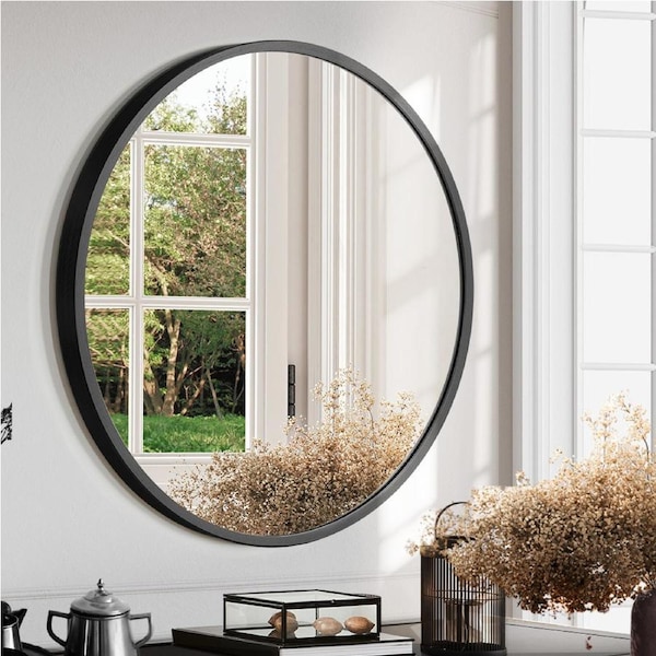 Furb Round Wall Mirror 100cm Black Circle Vanity Mirror Metal Frame