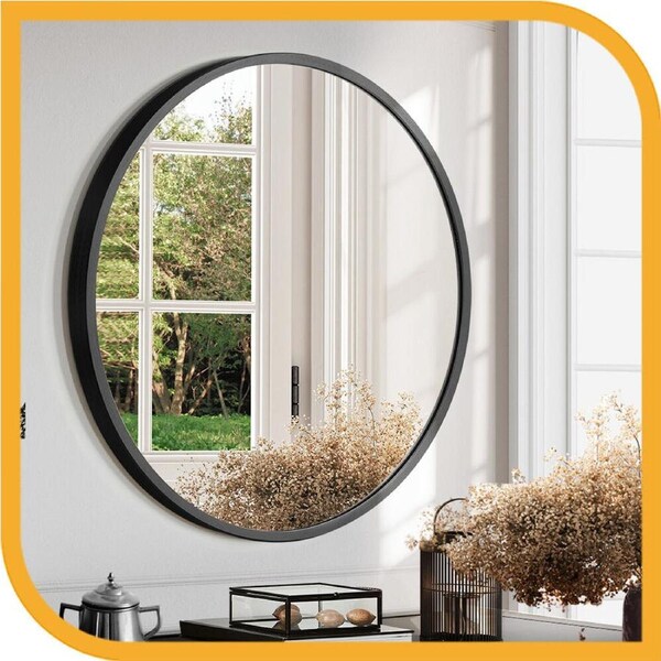 Furb Round Wall Mirror 80cm Black Circle Vanity Mirror Metal Frame