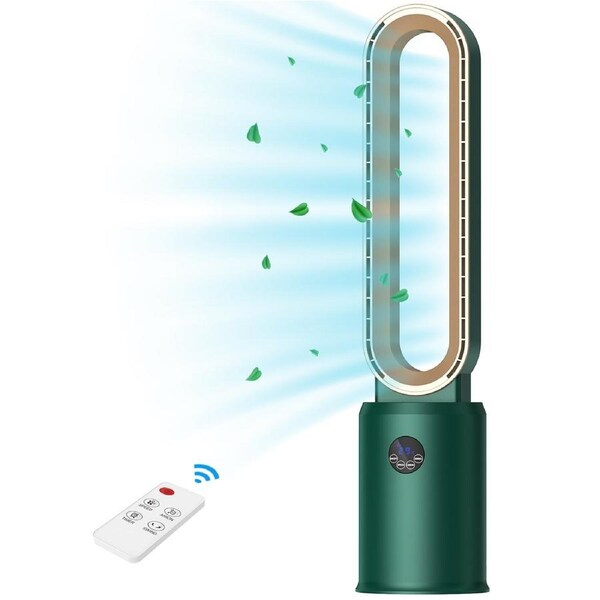 ADVWIN 2 IN 1 Bladeless Fan, Portable Electric Tower Fan Airflow Purifying Fan, 24 Speeds Settings, 12-Hour Timing, Suitable for Indoor Home Large Room Bedroom Office Use Green+Gold