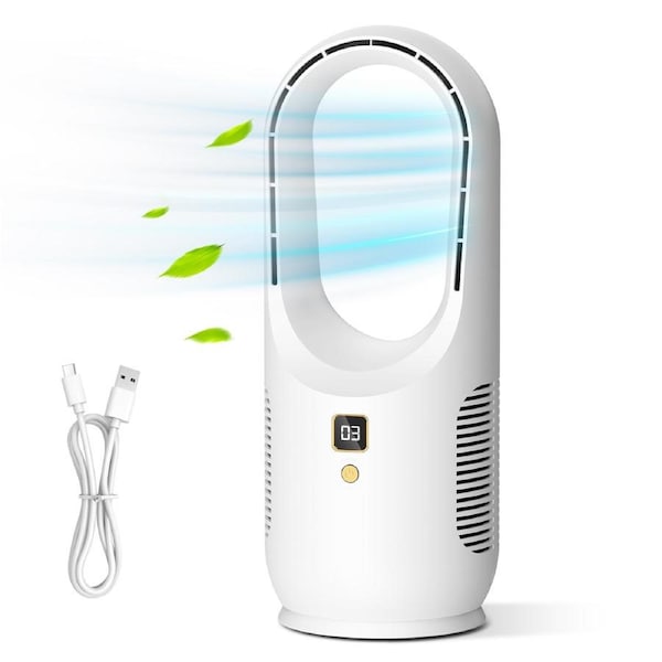 ADVWIN Desk Fan, 3 Speed Portable Bladeless Fan, Portable Rechargeable USB Breeze Quiet Fan for Home, Office, Bedroom, Living Room, Dorm White