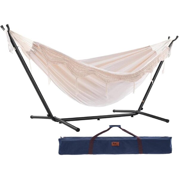 Double Cotton Hammock with Stand (250cm) - Natural with Fringe