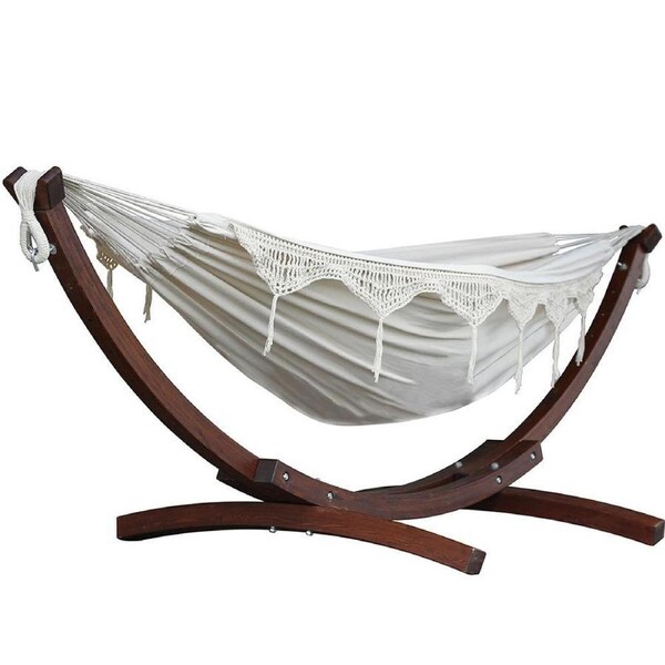 Double Cotton Hammock with Solid Pine Stand (260cm) - Natural with Fringe