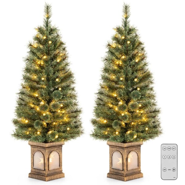 Costway 2PCS 1.25M Christmas Tree In Urn Potted Xmas Tree w/Base & Pine Needles Entrance Entryway