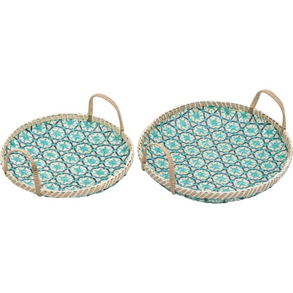2pc Ladelle Bamboo Woven Serving/Entertaining Tray 36x12cm/30x10cm Set Blue/Teal