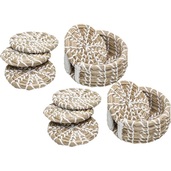 10pc Ladelle Seagrass Woven Drink/Beverage Coasters White w/ Holder 13x13x6cm