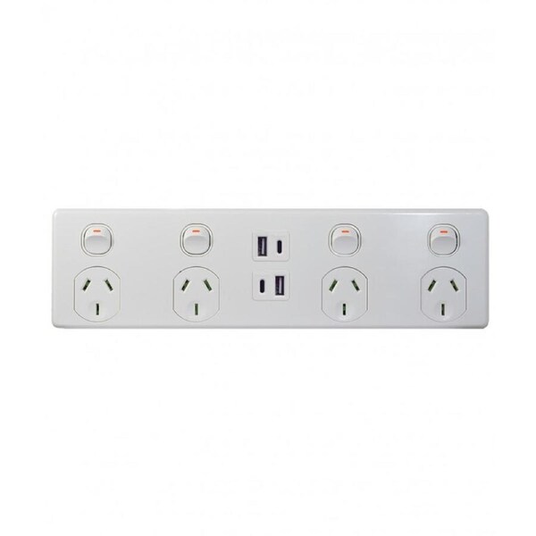 Trader Puma PU4X4AC - Power Point 4 Gang 10A 250V - Double Pole Plus 4 Gang USB Charger Type A & C (3.1A) - White
