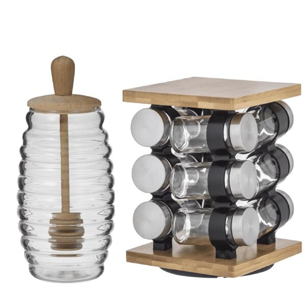 Davis & Waddell Spice Jars with Rack and Honey Pot Set Countertop Organiser
