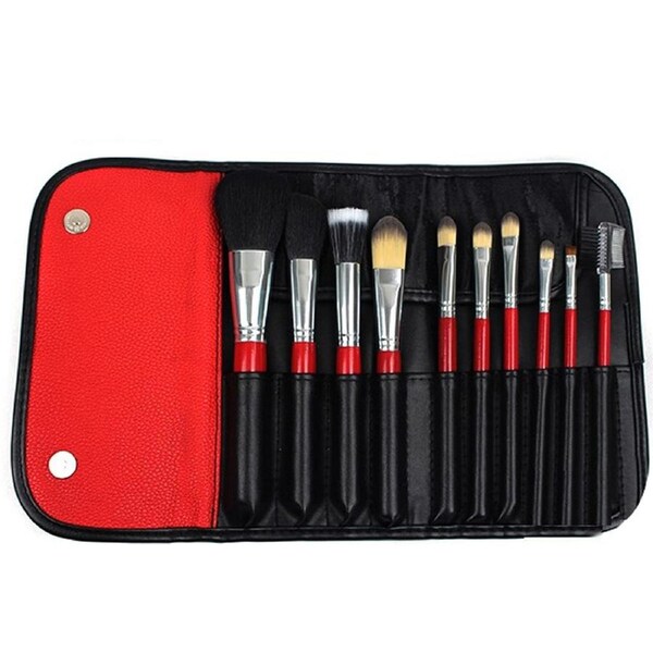10 Piece Professional Makeup Brush Set Soft Bristle with Carry Case Black Red