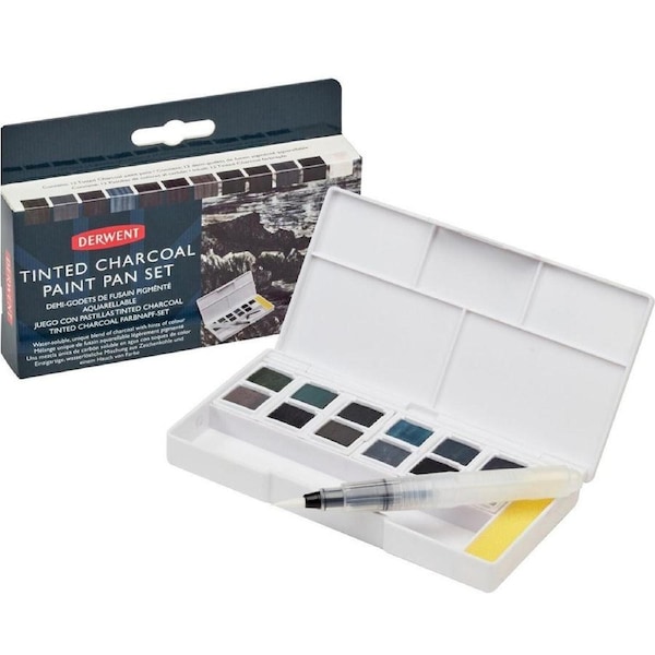 Derwent Tinted Charcoal Paint Pan Colours Set 12 + Waterbrush