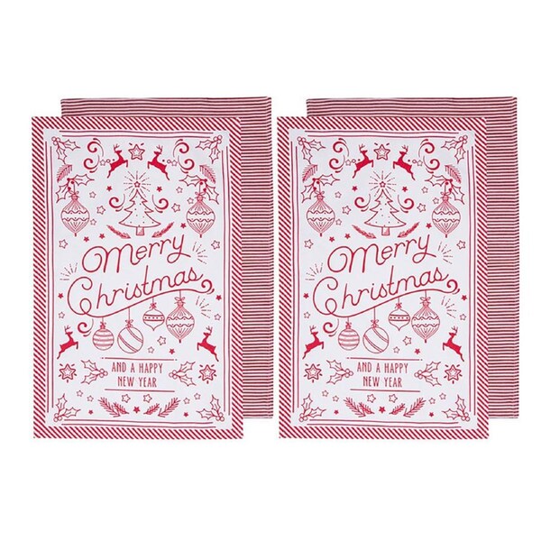 4pc Ladelle Cotton Jingle Festive Merry Christmas Kitchen/Tea Towels 45x70cm